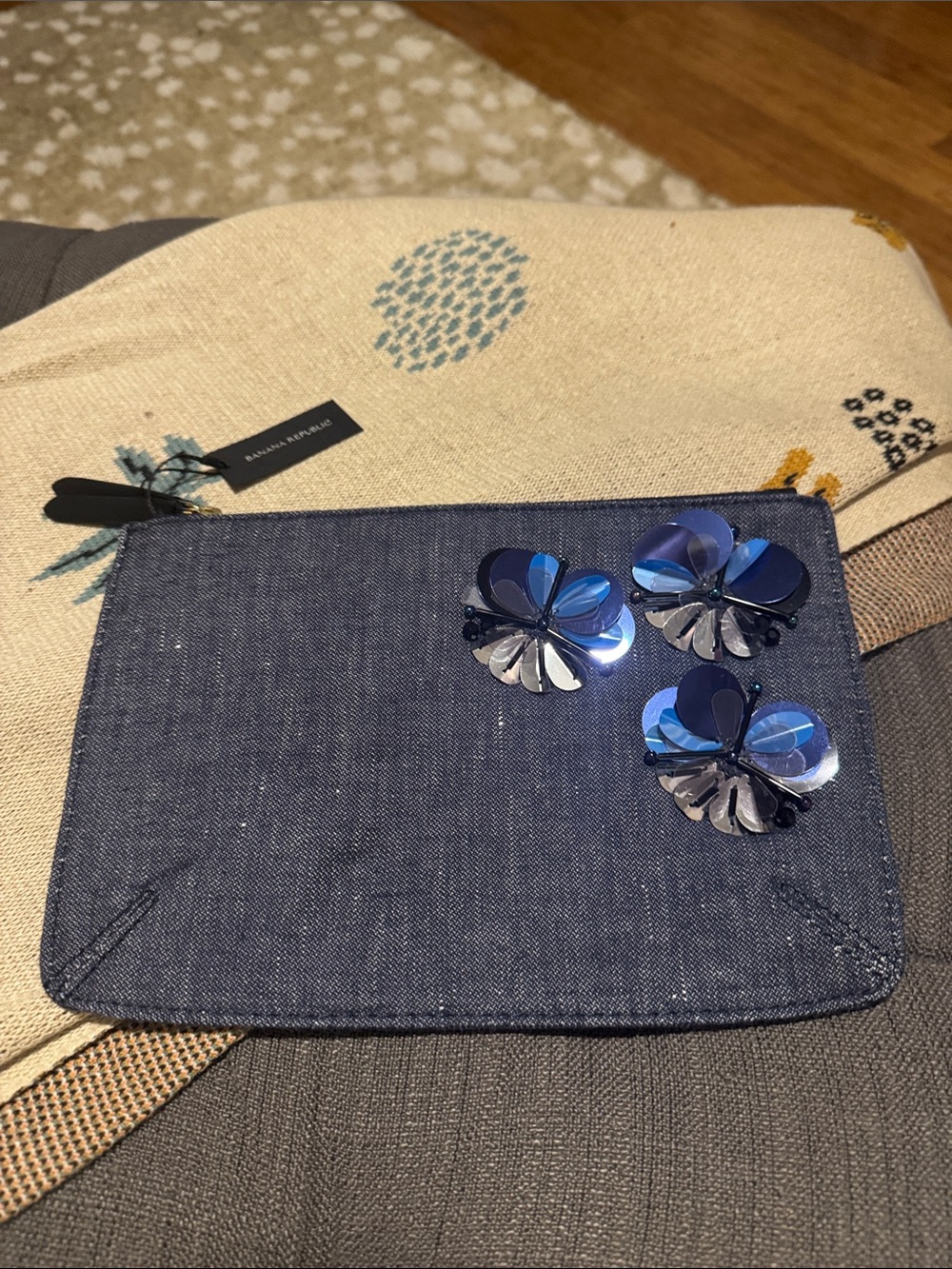 Banana Republic Navy Denim Pouch with Blue Sequin Flowers